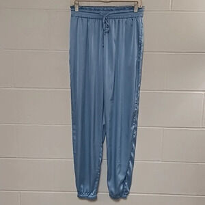 NWOT Blue Satin Joggers Medium Ruffle Drawstring Waist Side Pockets